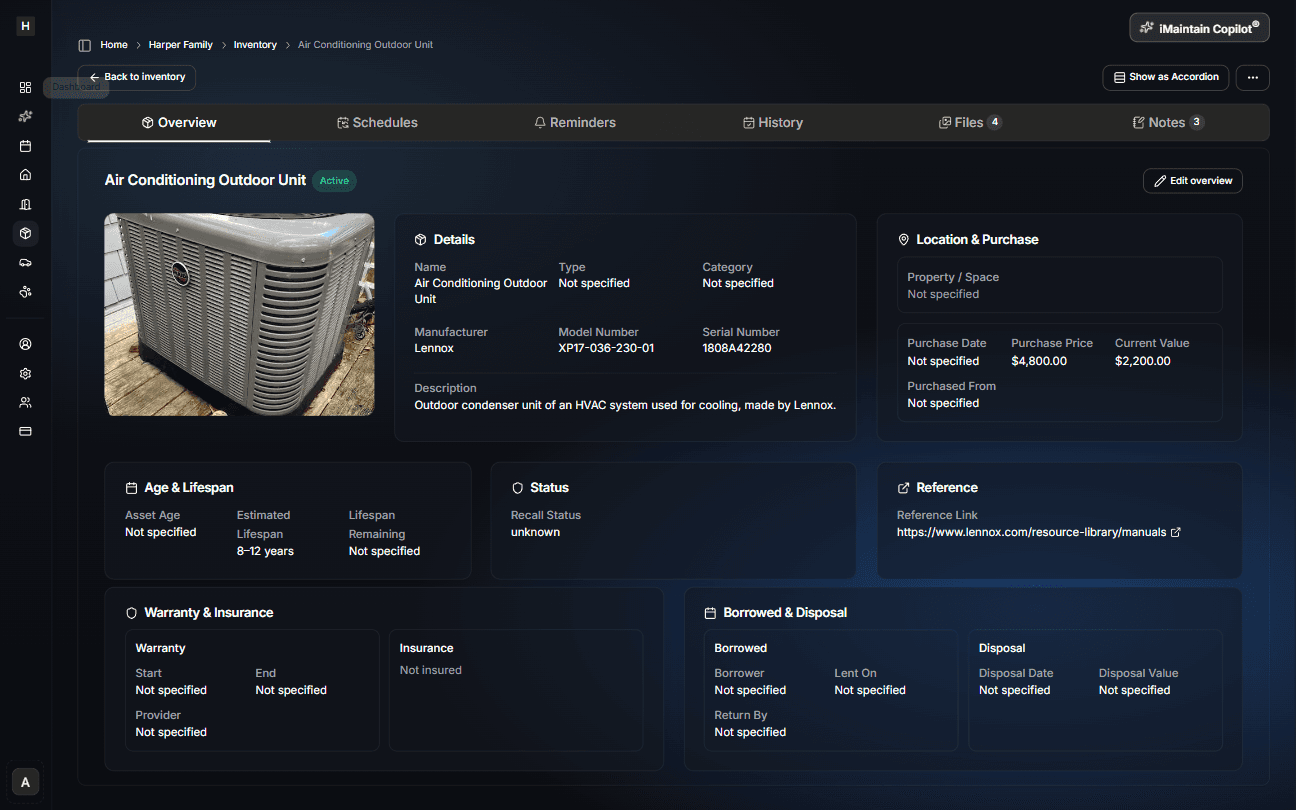 Belongings workspace (dark mode)