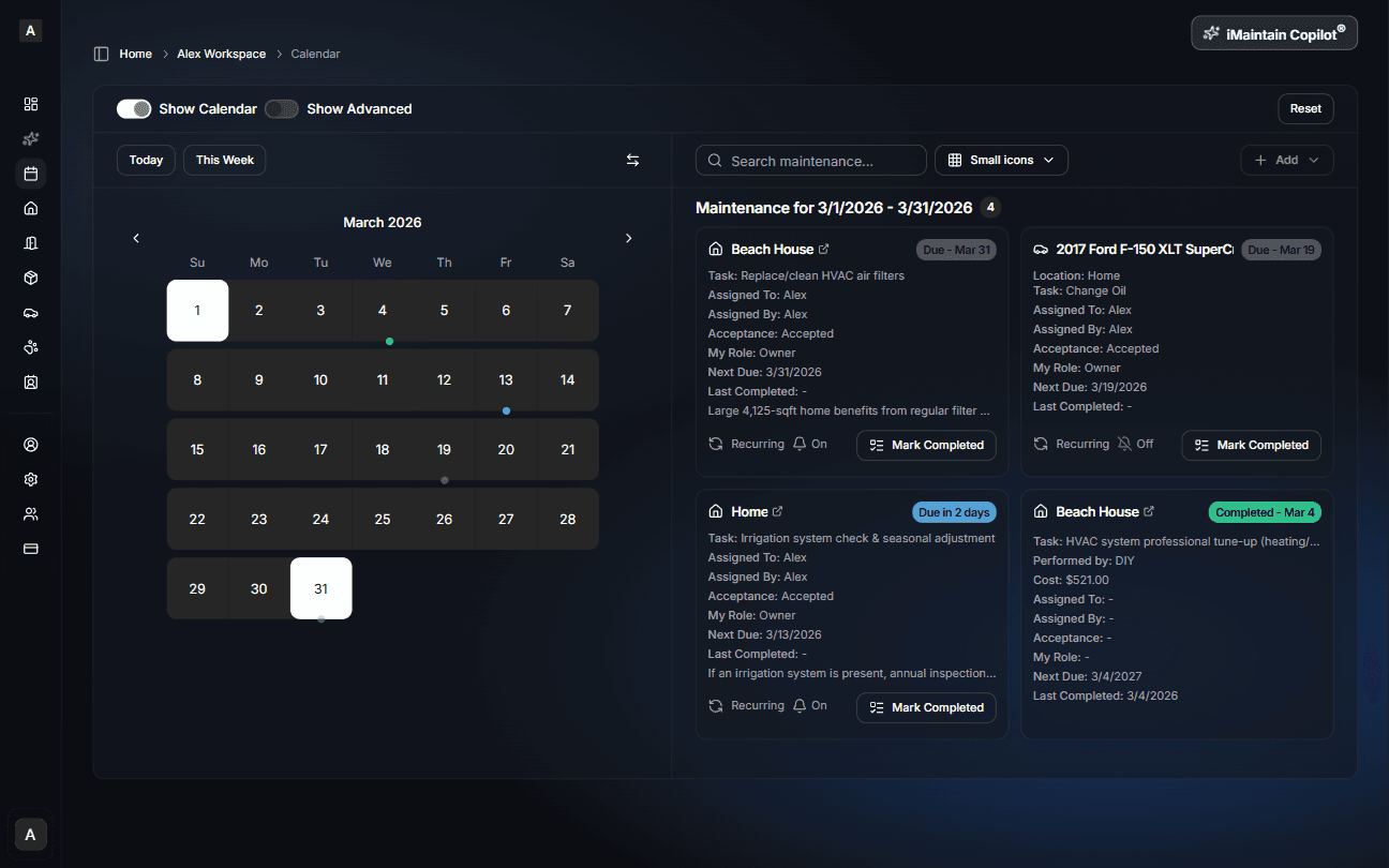 Unified maintenance calendar (dark mode)