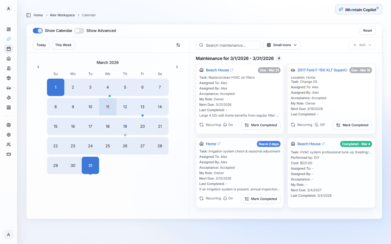 Unified maintenance calendar with calendar, card, and table views
