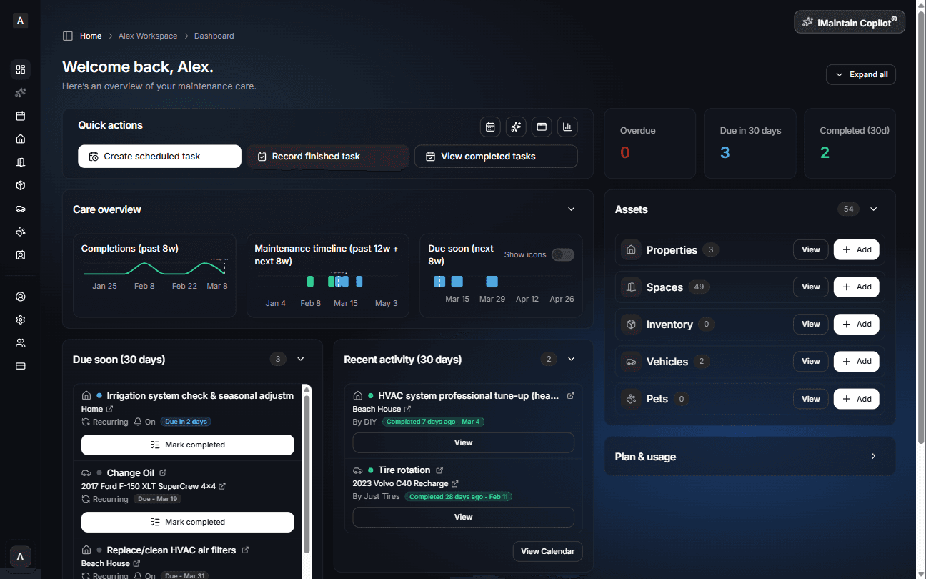 iMaintain dashboard showing all assets (dark mode)