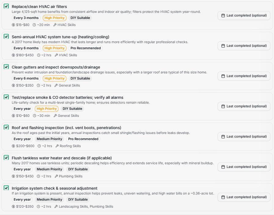 Recommended home maintenance schedules showing DIY vs Pros, cost and time estimates