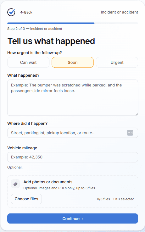 Public message form for a vehicle incident with the asset badge visible