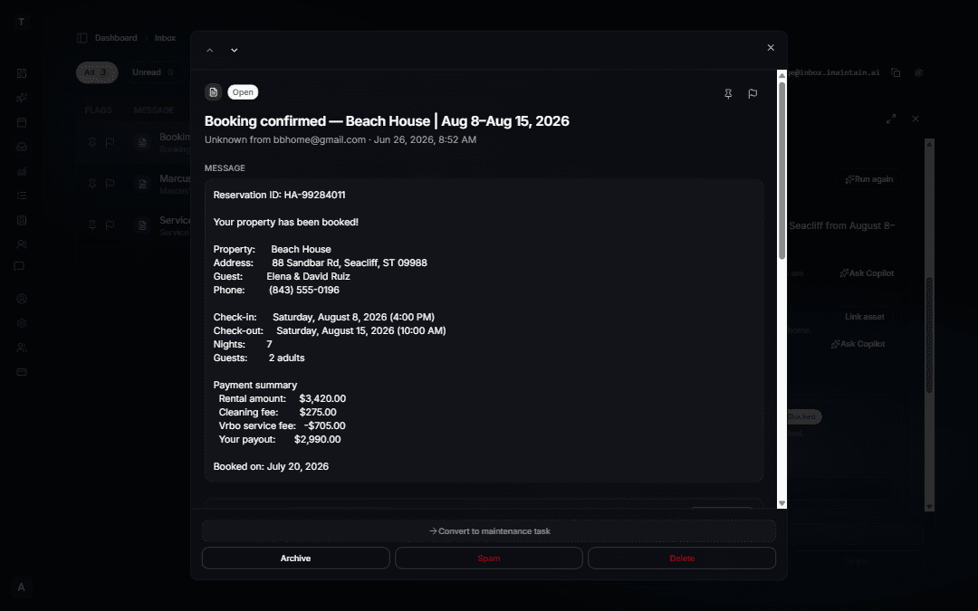 Inbox AI review for a VRBO stay confirmation showing steps to link a beach house property and log the rental stay (dark mode)