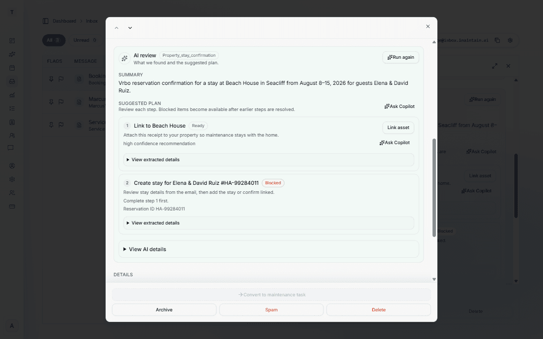 Inbox AI review for a VRBO stay confirmation showing steps to link a beach house property and log the rental stay