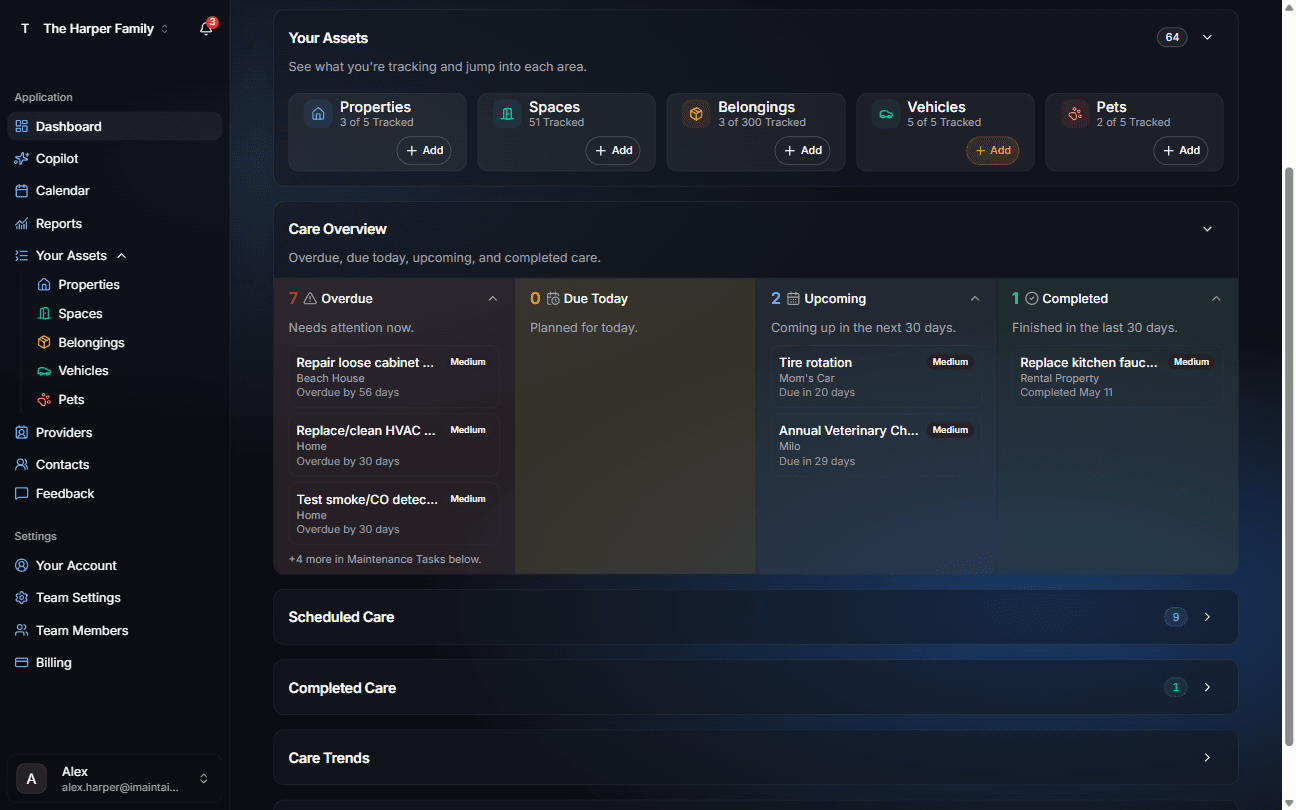 iMaintain dashboard showing assets, care overview, overdue tasks, upcoming maintenance, and completed care.