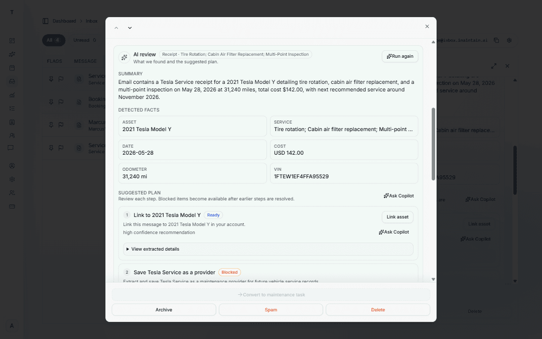 Inbox AI review suggesting steps to link a Tesla service receipt to a vehicle and log maintenance