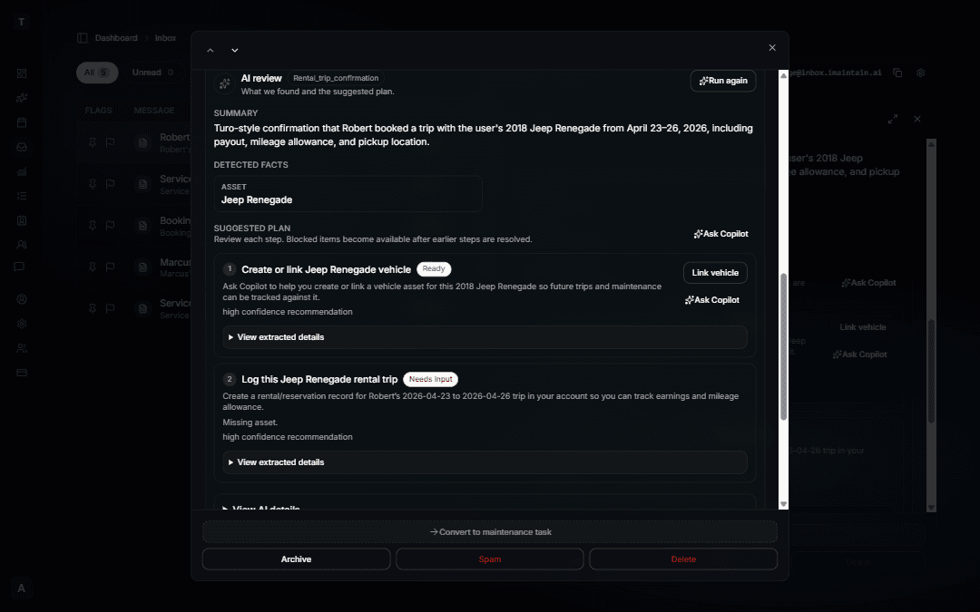 Inbox AI review for a Turo trip confirmation showing steps to link a Jeep Renegade and log the rental trip (dark mode)