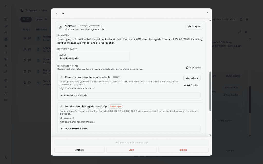 Inbox AI review for a Turo trip confirmation showing steps to link a Jeep Renegade and log the rental trip