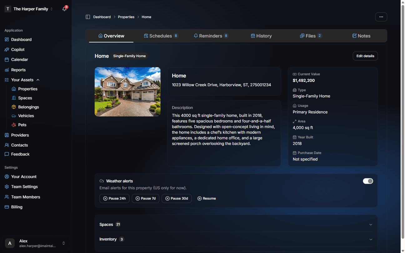 iMaintain property detail page showing overview, schedules, reminders, history, files, notes, and property records.