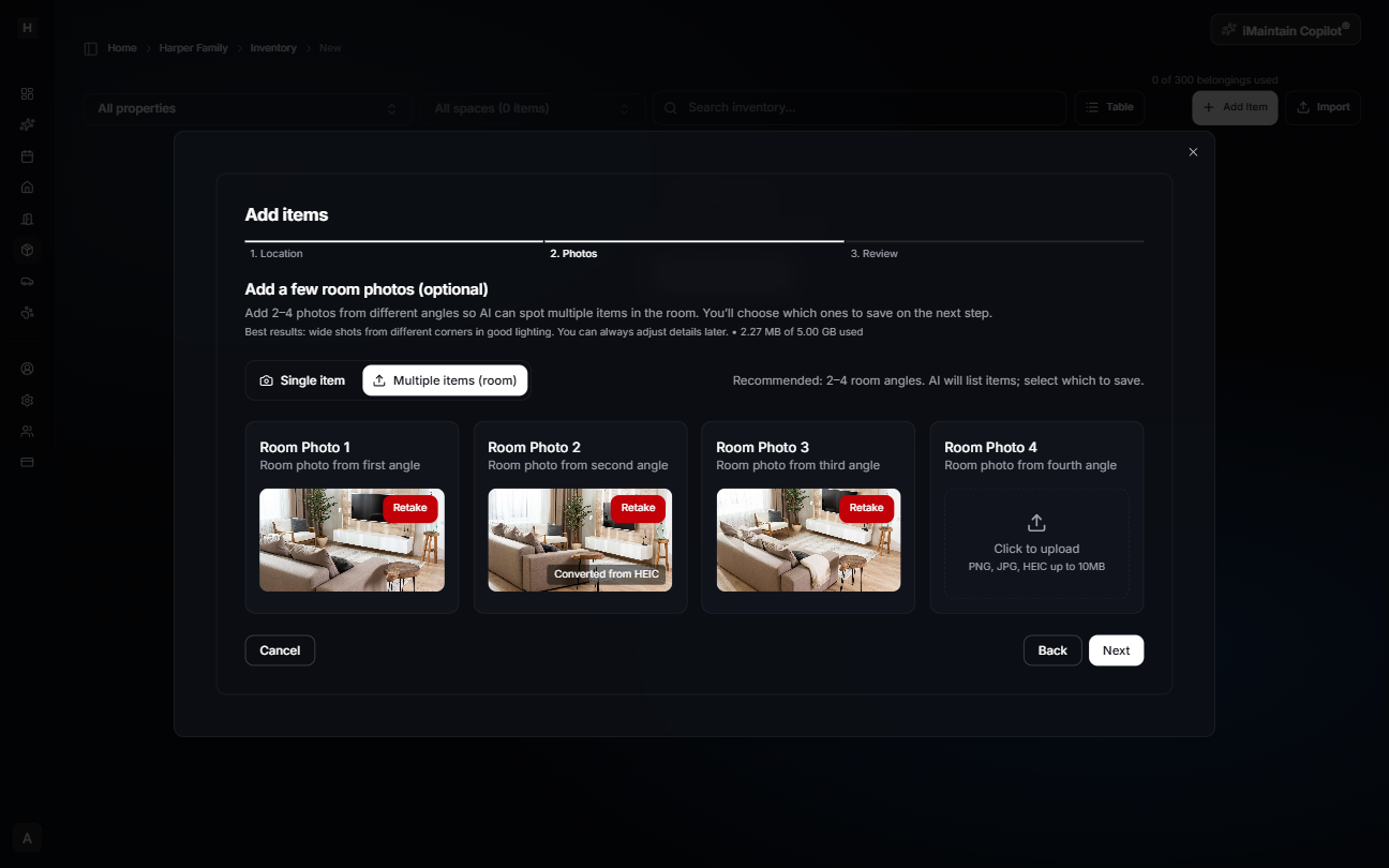 Add items modal Step 2 Photos with Multiple items (room) selected showing upload cards for Room Photo 1 through Room Photo 4