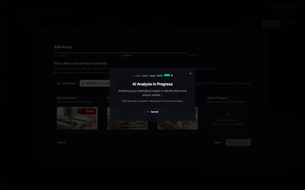 AI Analysis in Progress dialog while analyzing room photos