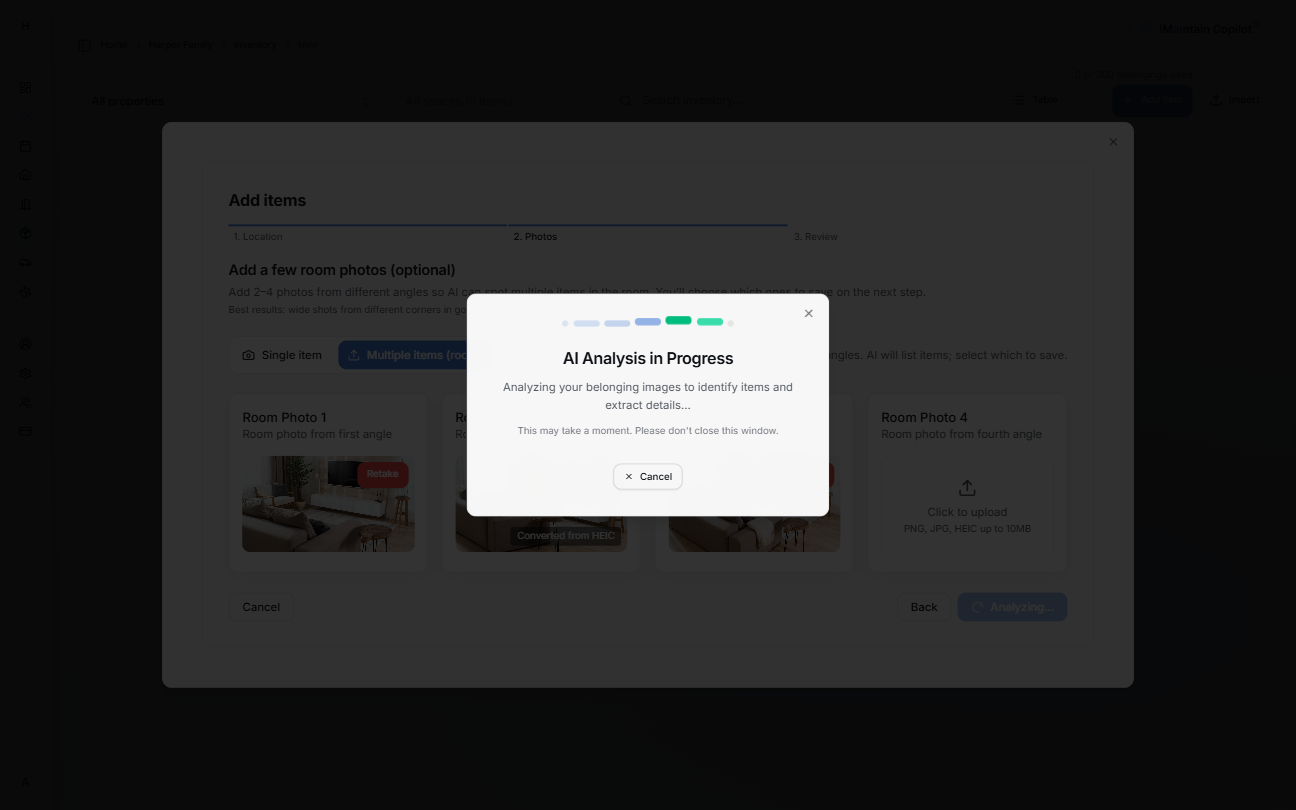AI Analysis in Progress dialog while analyzing room photos
