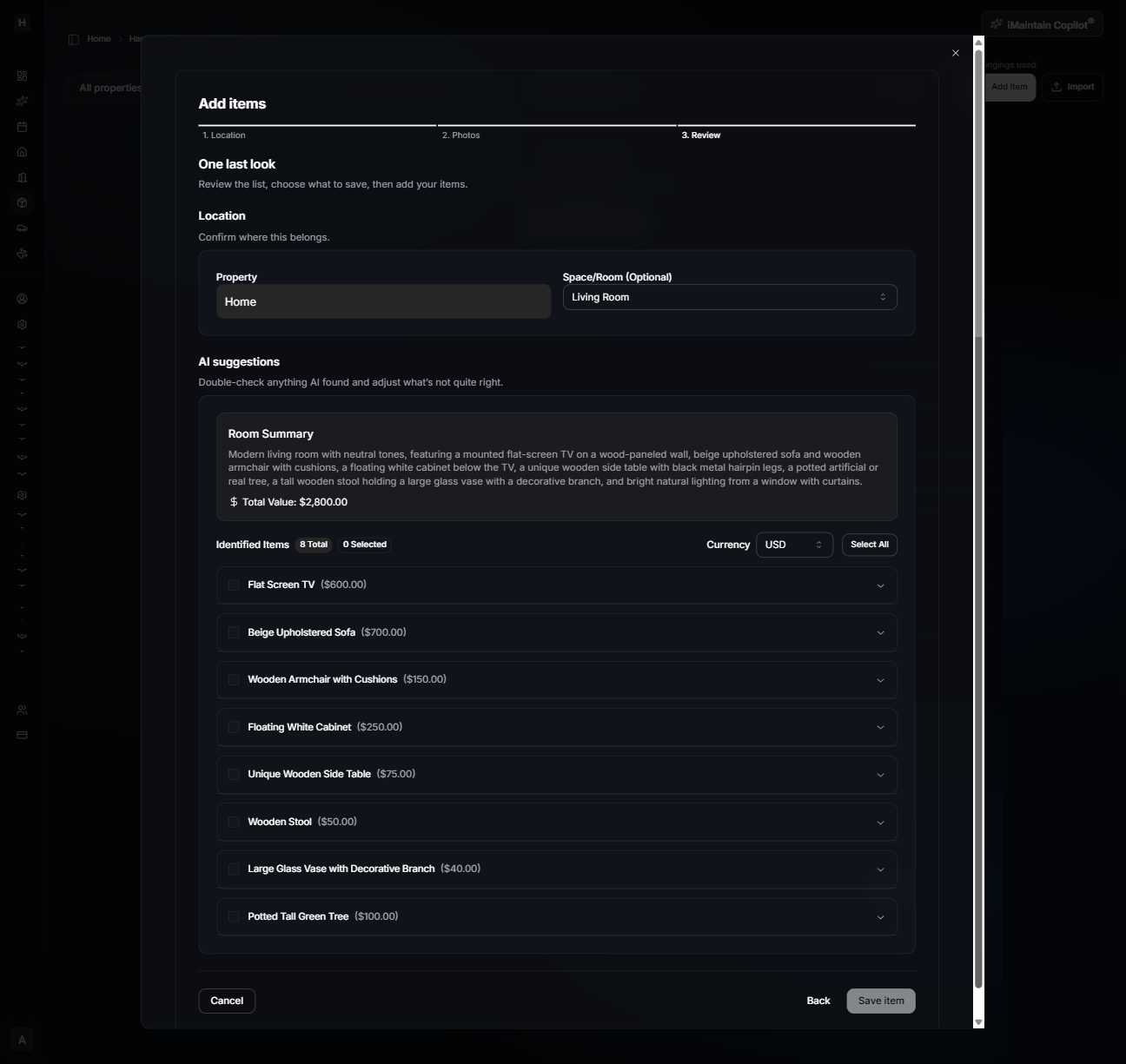 Add items modal Step 3 Review showing room summary and a list of identified items with checkboxes and expandable rows