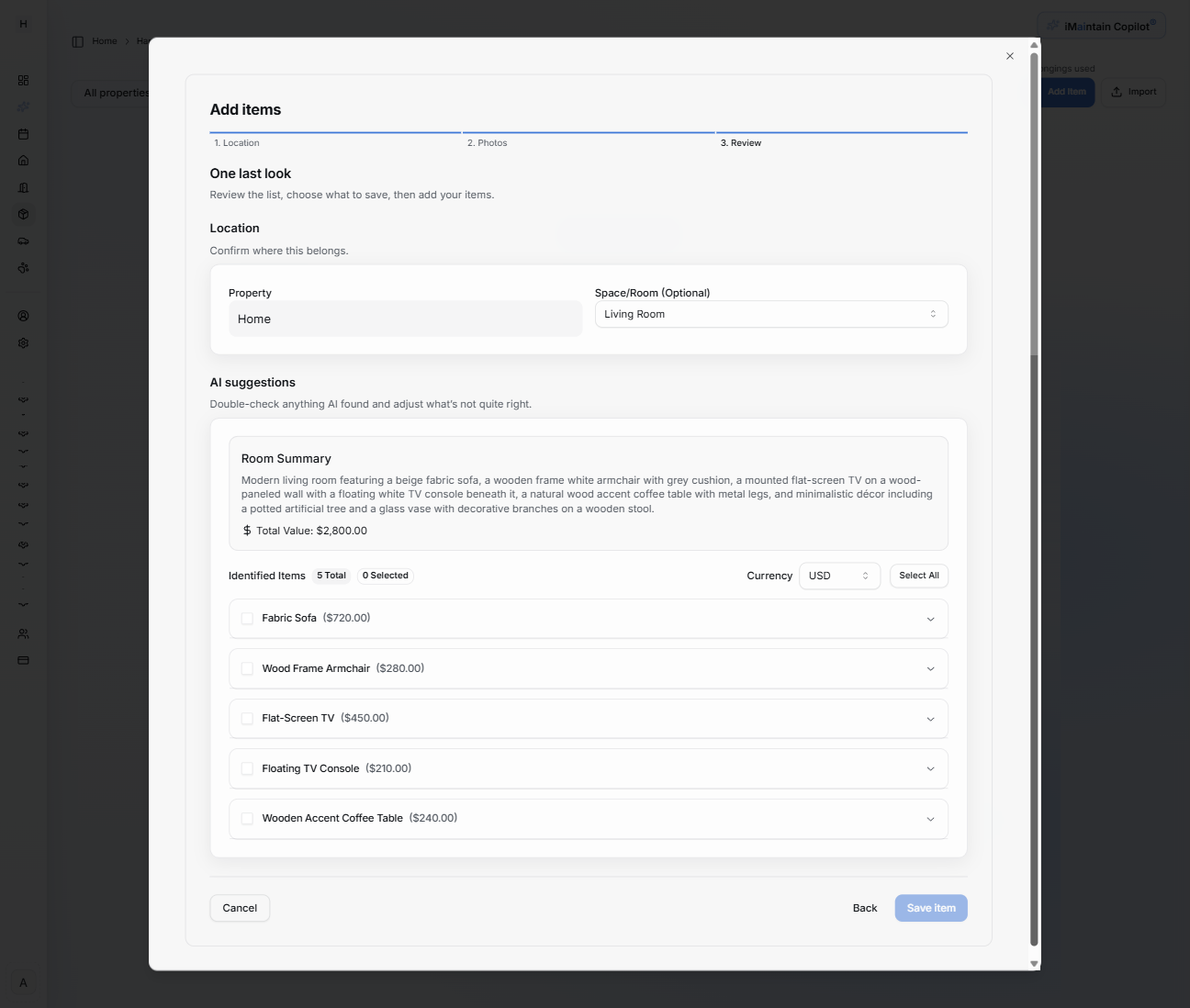 Add items modal Step 3 Review showing room summary and a list of identified items with checkboxes and expandable rows