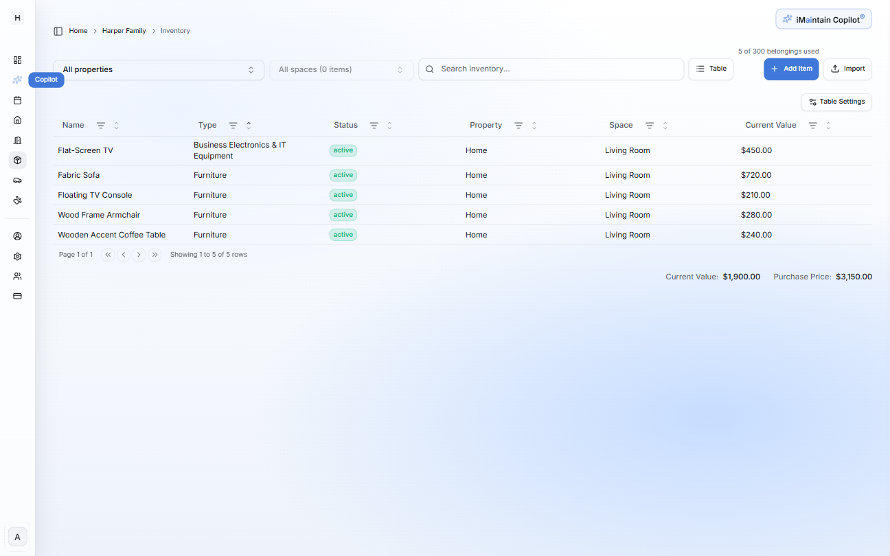 Inventory table view showing multiple newly created items in a space with current values