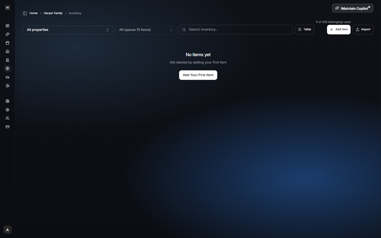 Inventory page empty state with Add Your First Item button and Add Item button in the top right