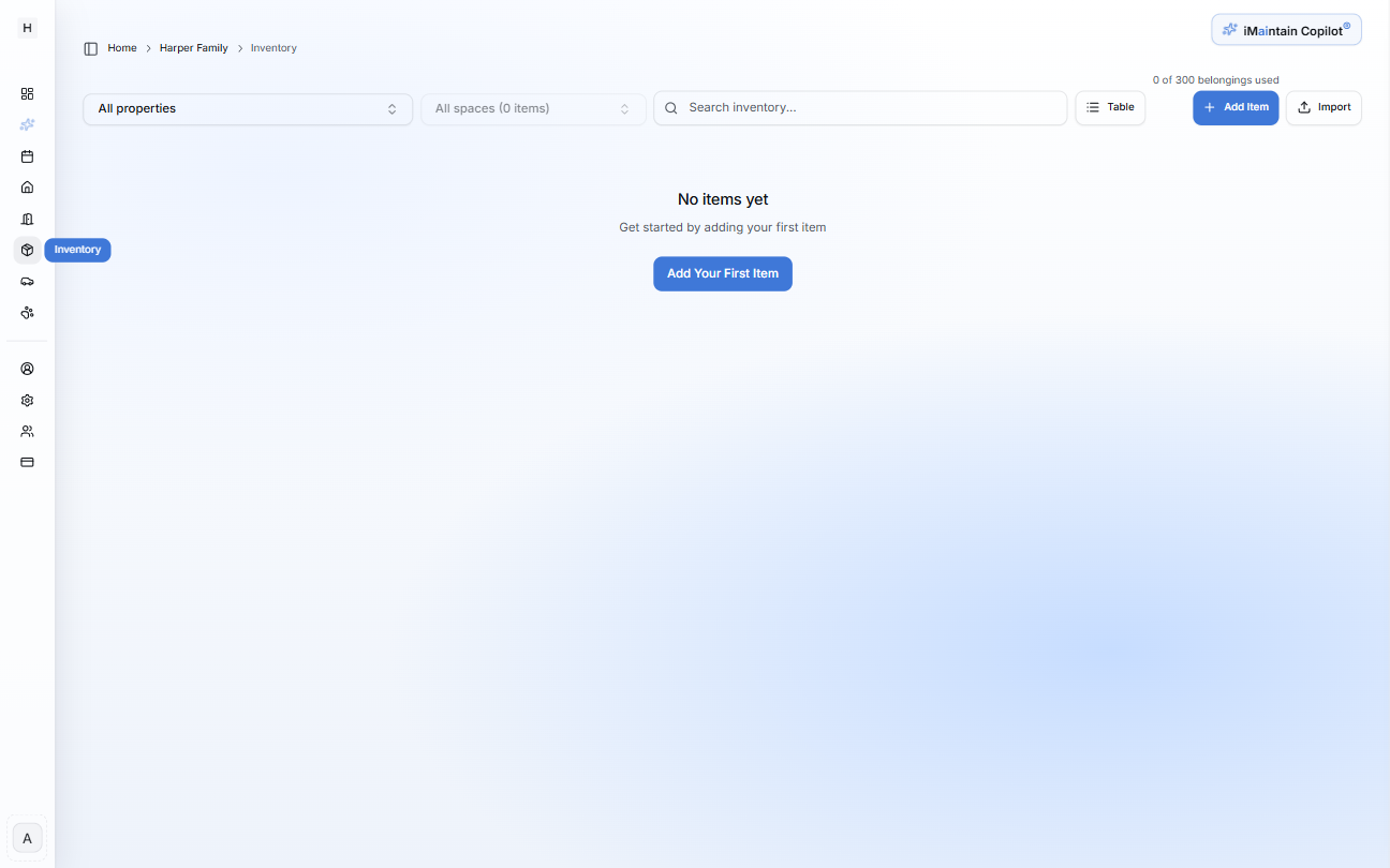 Inventory page empty state with Add Your First Item button and Add Item button in the top right