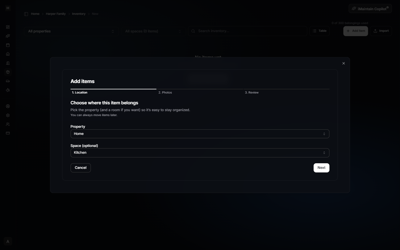 Add items modal Step 1 Location showing property and optional space selection