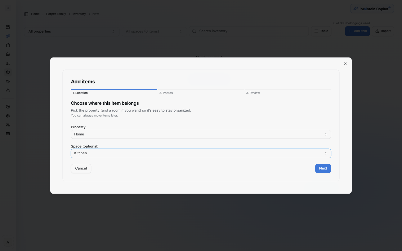 Add items modal Step 1 Location showing property and optional space selection