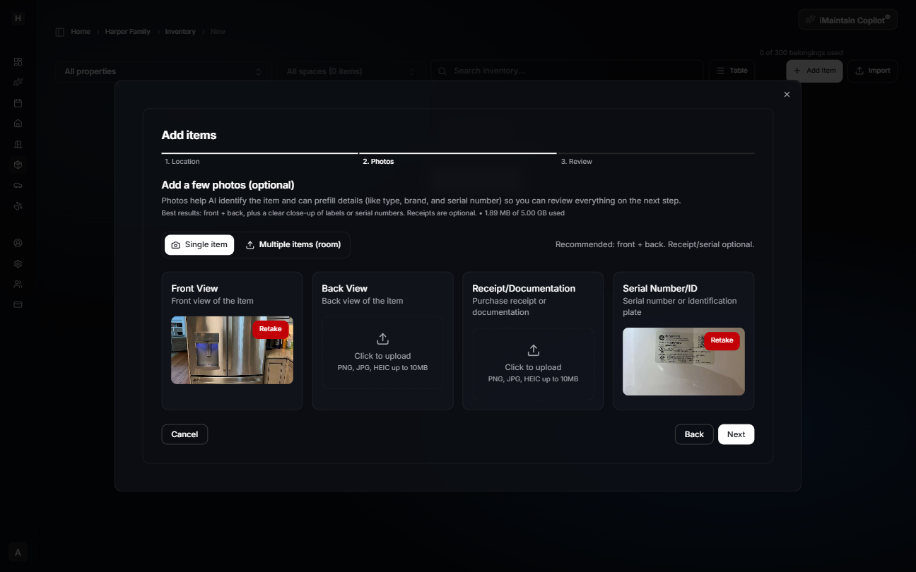 Add items modal Step 2 Photos with Single item selected showing upload cards for Front View, Back View, Receipt/Documentation, and Serial Number/ID