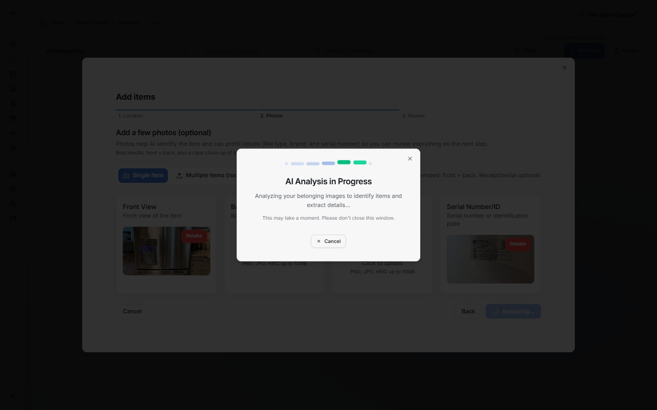 AI Analysis in Progress dialog while analyzing belonging images