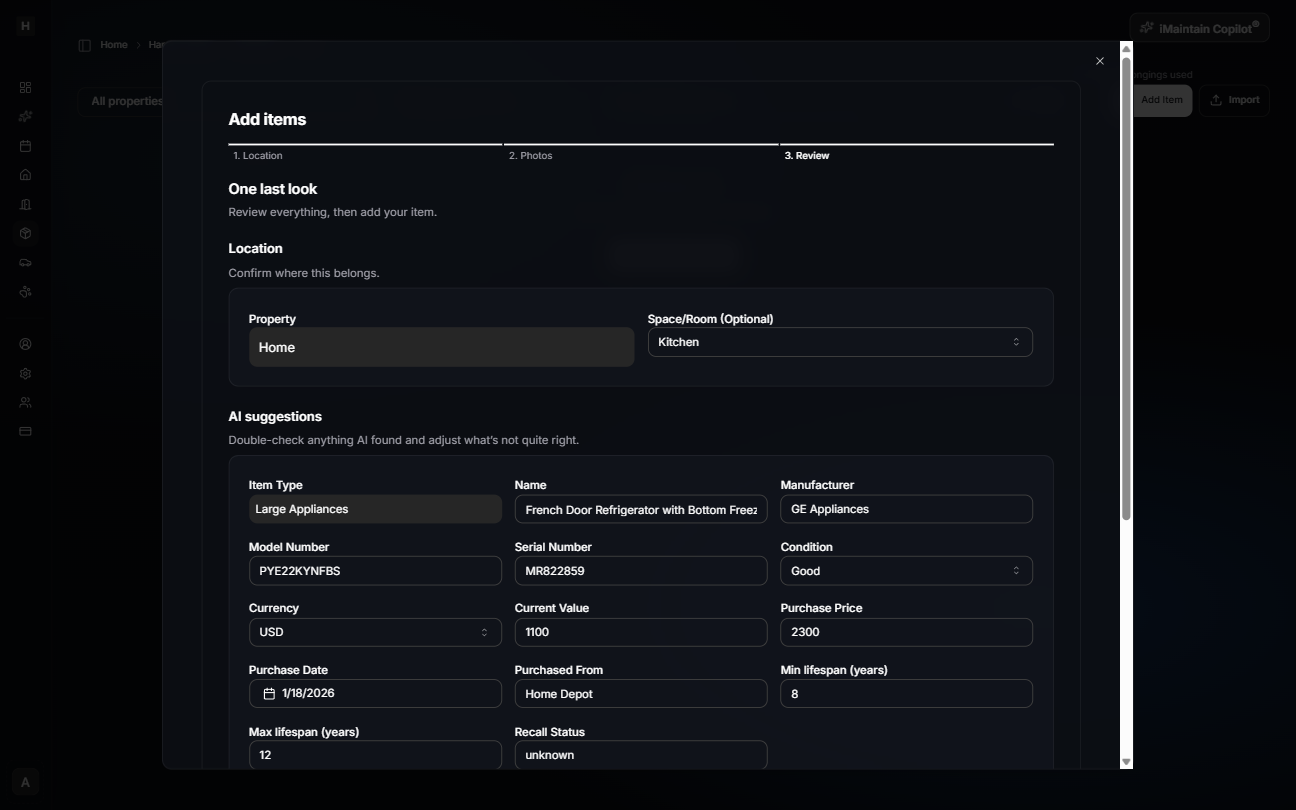 Add items modal Step 3 Review showing AI suggestions such as item type, manufacturer, model number, serial number, value, and purchase details