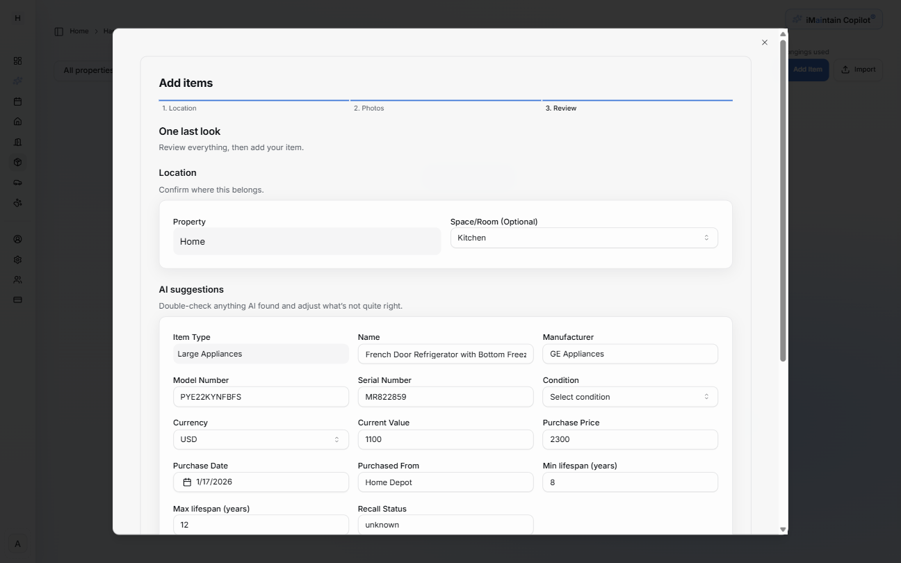 Add items modal Step 3 Review showing AI suggestions such as item type, manufacturer, model number, serial number, value, and purchase details