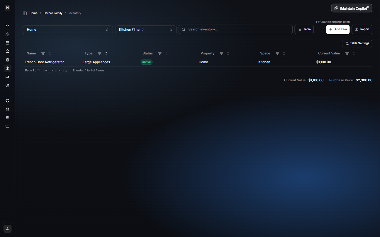 Inventory table view showing a newly created item with status, property, space, and current value
