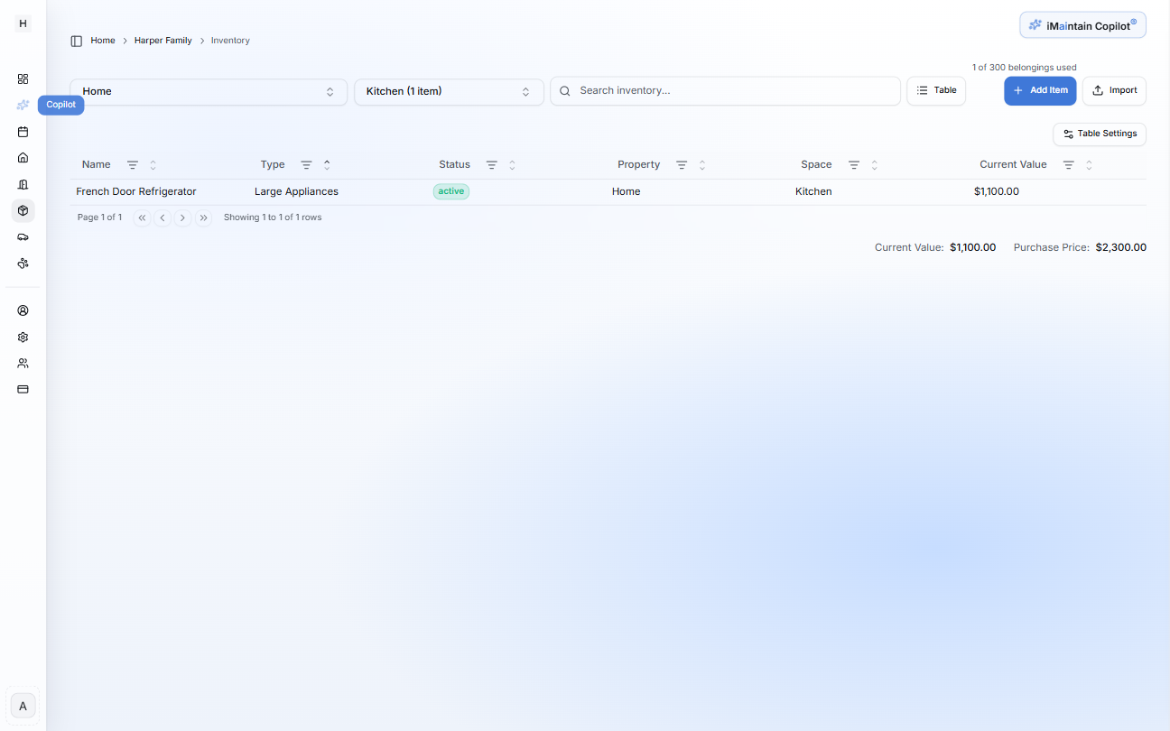 Inventory table view showing a newly created item with status, property, space, and current value