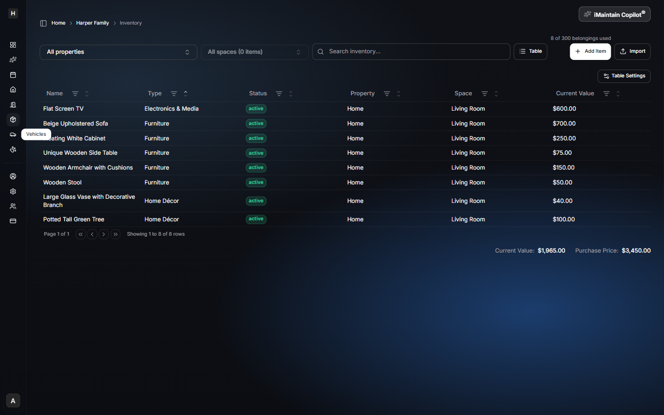 Inventory table view showing items in rows with columns like name, type, status, property, space, and current value