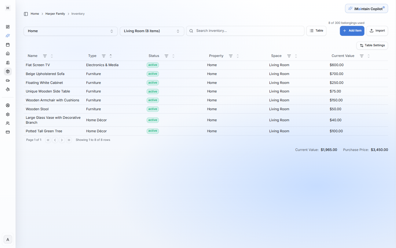 Inventory table view showing items in rows with columns like name, type, status, property, space, and current value