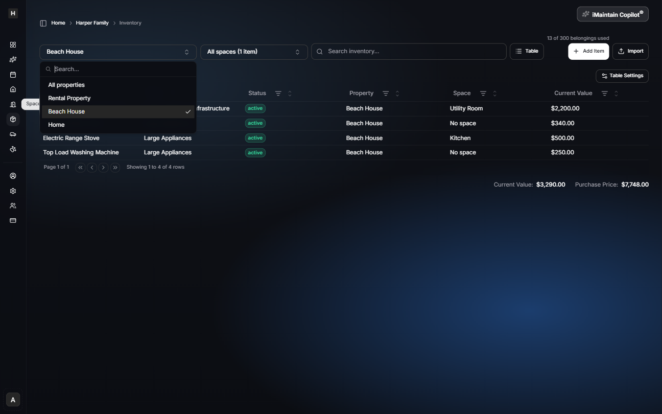 Inventory table view with the property filter dropdown open, showing options like All properties and specific properties