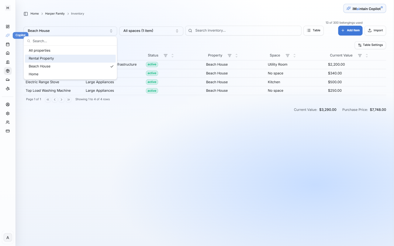 Inventory table view with the property filter dropdown open, showing options like All properties and specific properties