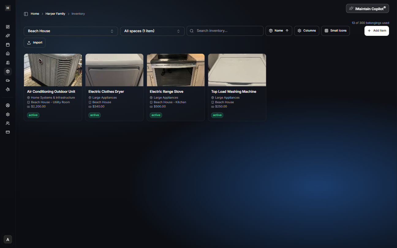 Inventory card view showing multiple item cards with photos, names, categories, property/space, and values