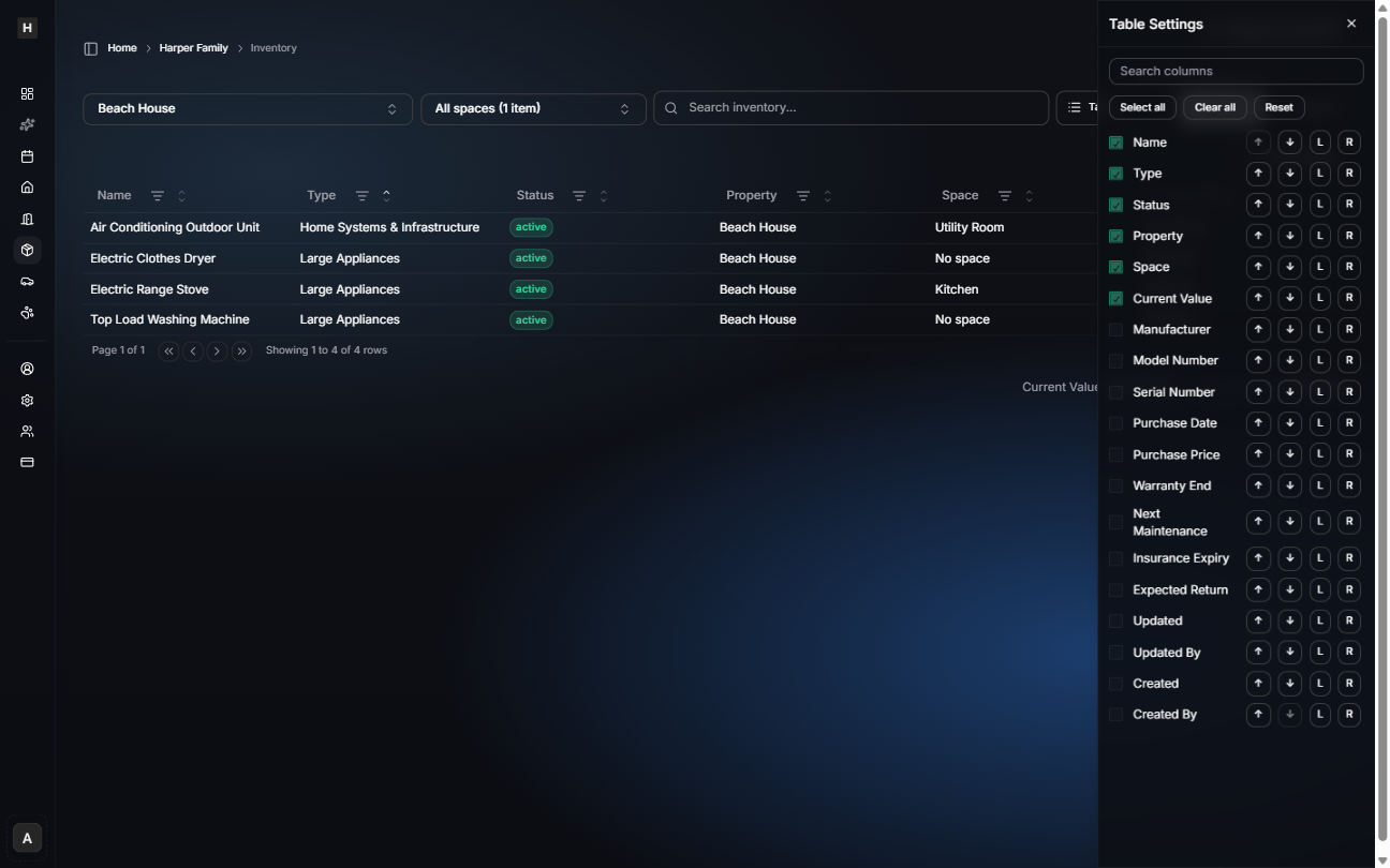 Inventory table with Table Settings panel open showing a list of columns with checkboxes and controls
