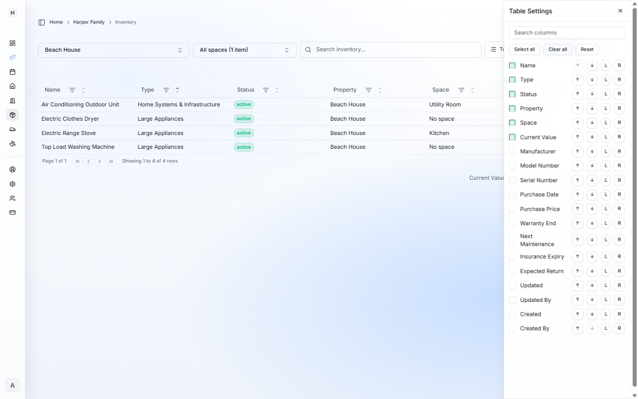Inventory table with Table Settings panel open showing a list of columns with checkboxes and controls