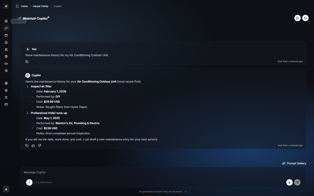 Copilot conversation showing a request for maintenance history for a specific belonging and a summarized response with dates, costs, and notes