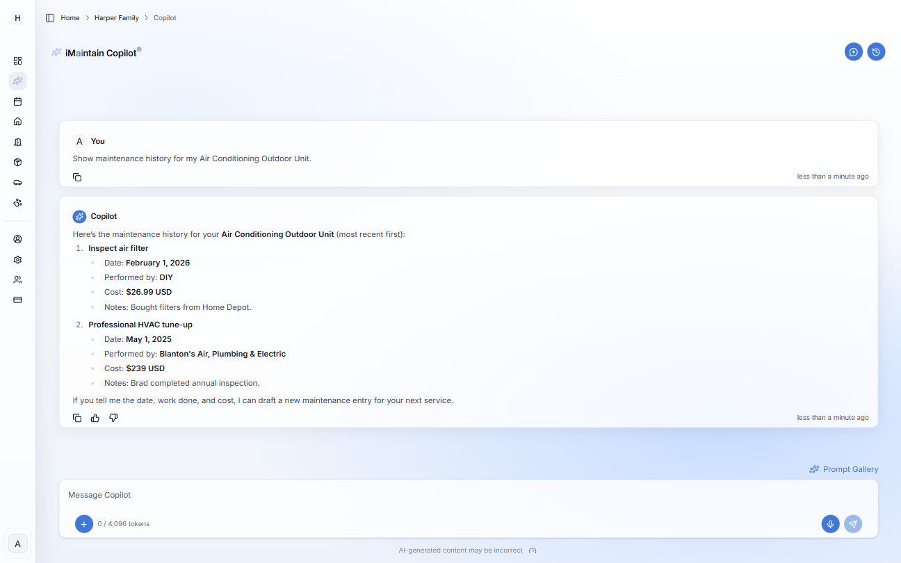 Copilot conversation showing a request for maintenance history for a specific belonging and a summarized response with dates, costs, and notes