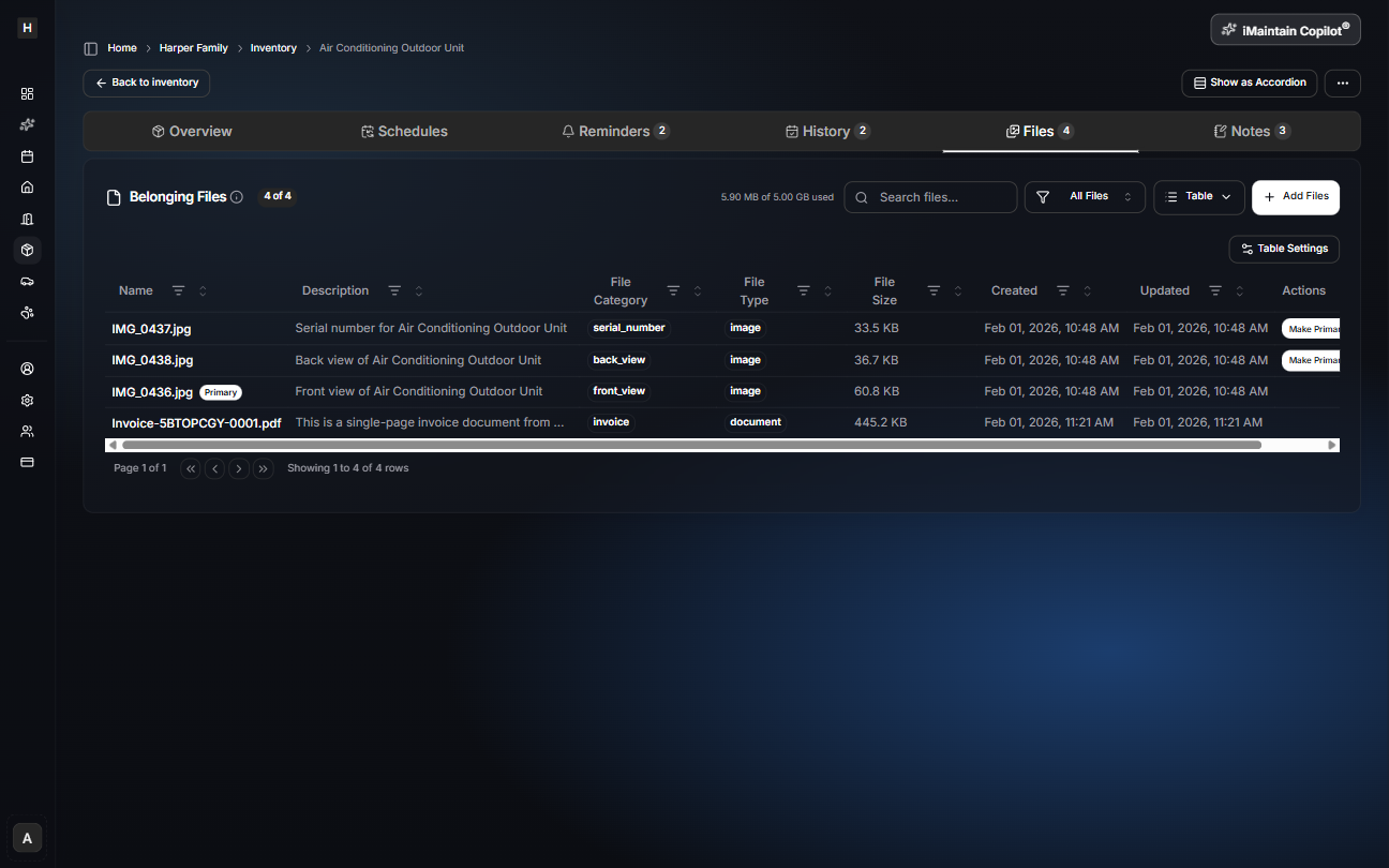 Belonging detail page Files tab showing a table of attached files including images and a PDF document with categories and actions
