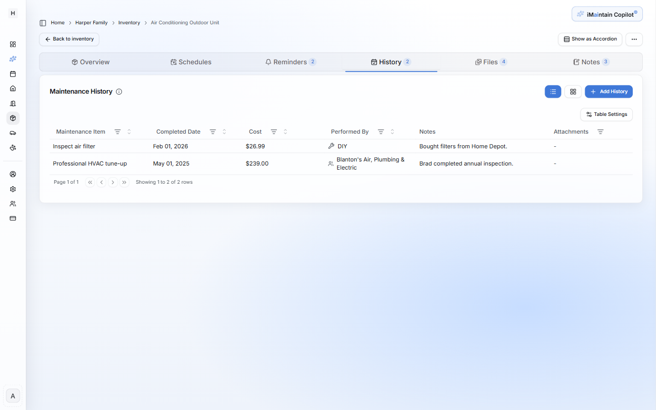 Belonging detail page History tab showing maintenance history entries with completion date, cost, performed by, notes, and attachments