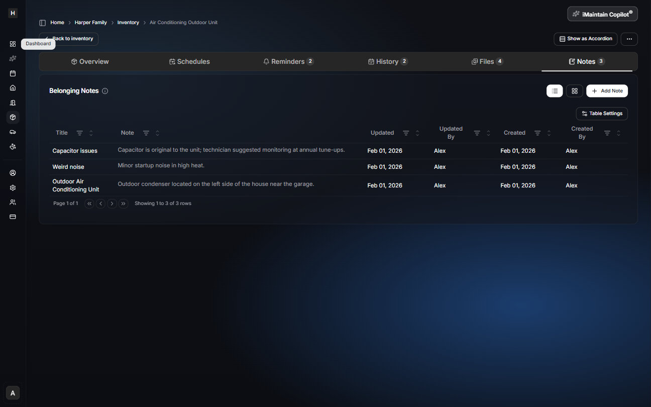 Belonging detail page Notes tab showing a table of notes with titles, note text, and updated/created information