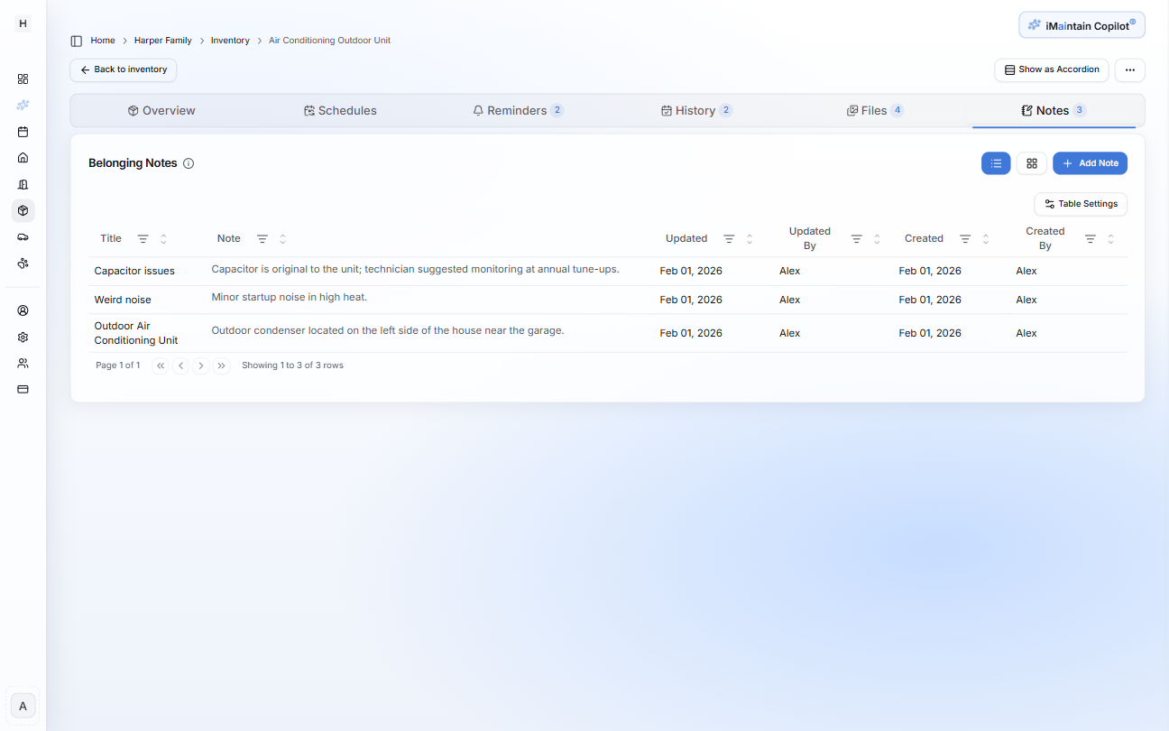 Belonging detail page Notes tab showing a table of notes with titles, note text, and updated/created information