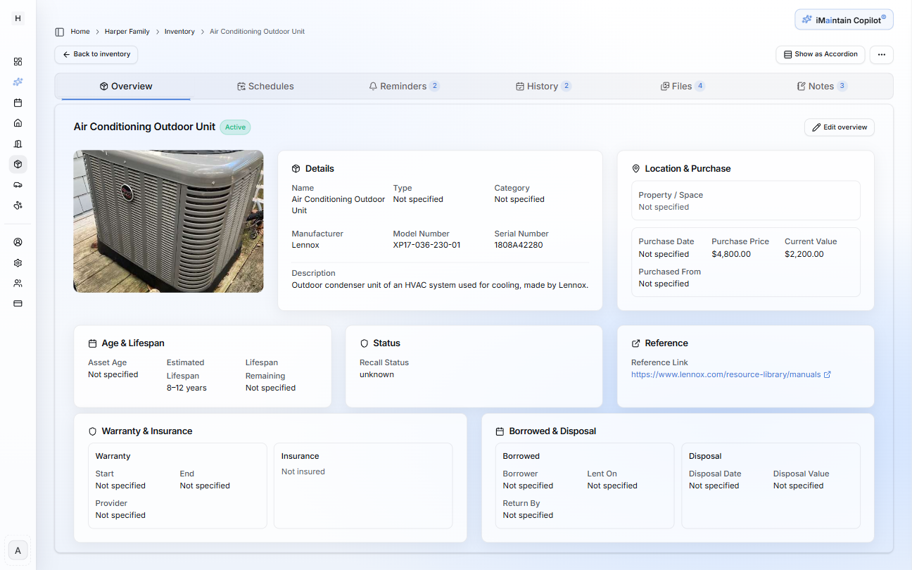 Belonging detail page Overview tab showing item photo, key details, location and purchase info, and tabs for Schedules, Reminders, History, Files, and Notes