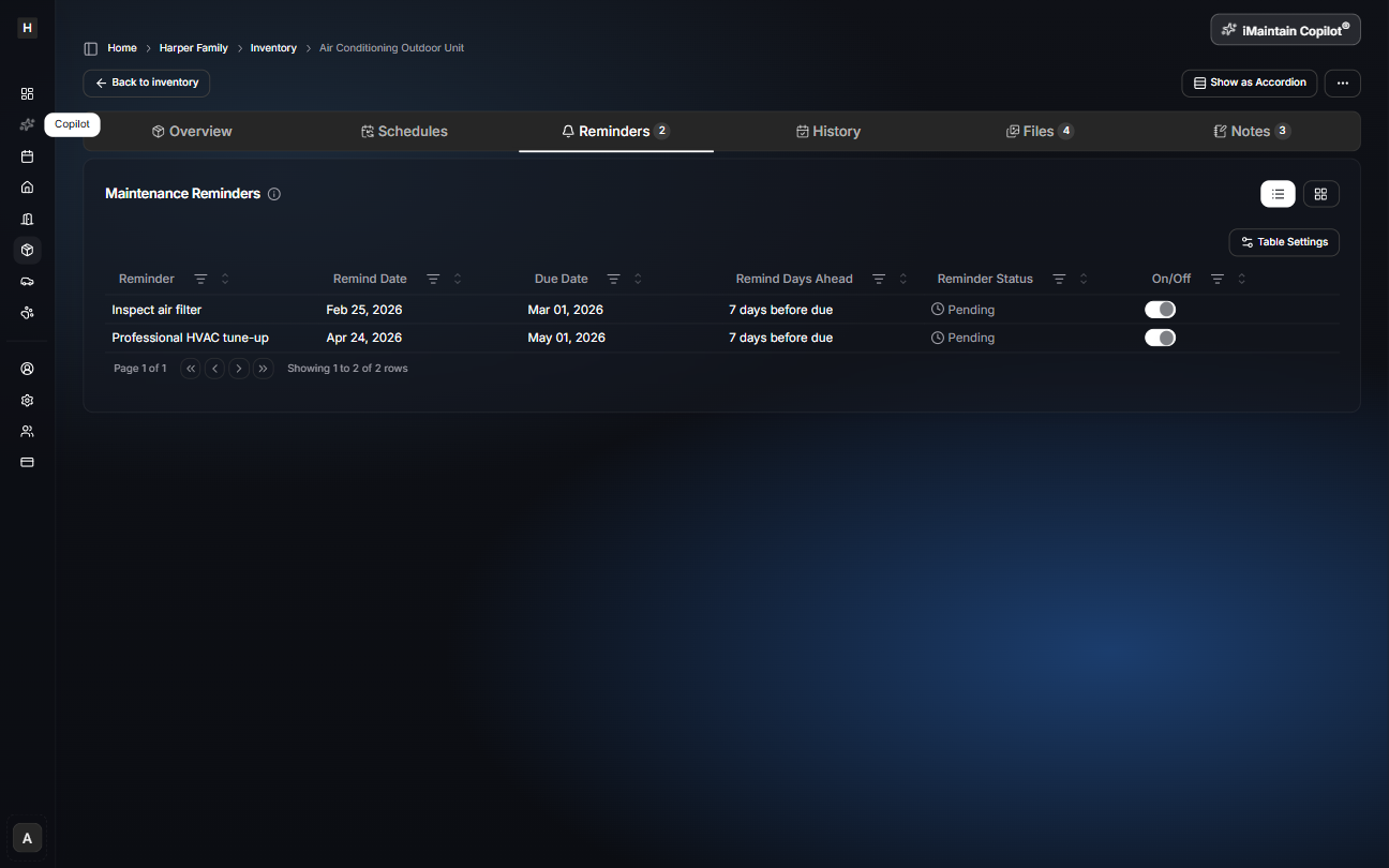 Belonging detail page Reminders tab showing reminder date, due date, days ahead, status, and on/off toggles