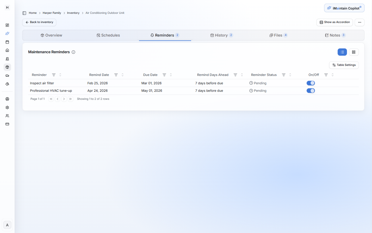 Belonging detail page Reminders tab showing reminder date, due date, days ahead, status, and on/off toggles