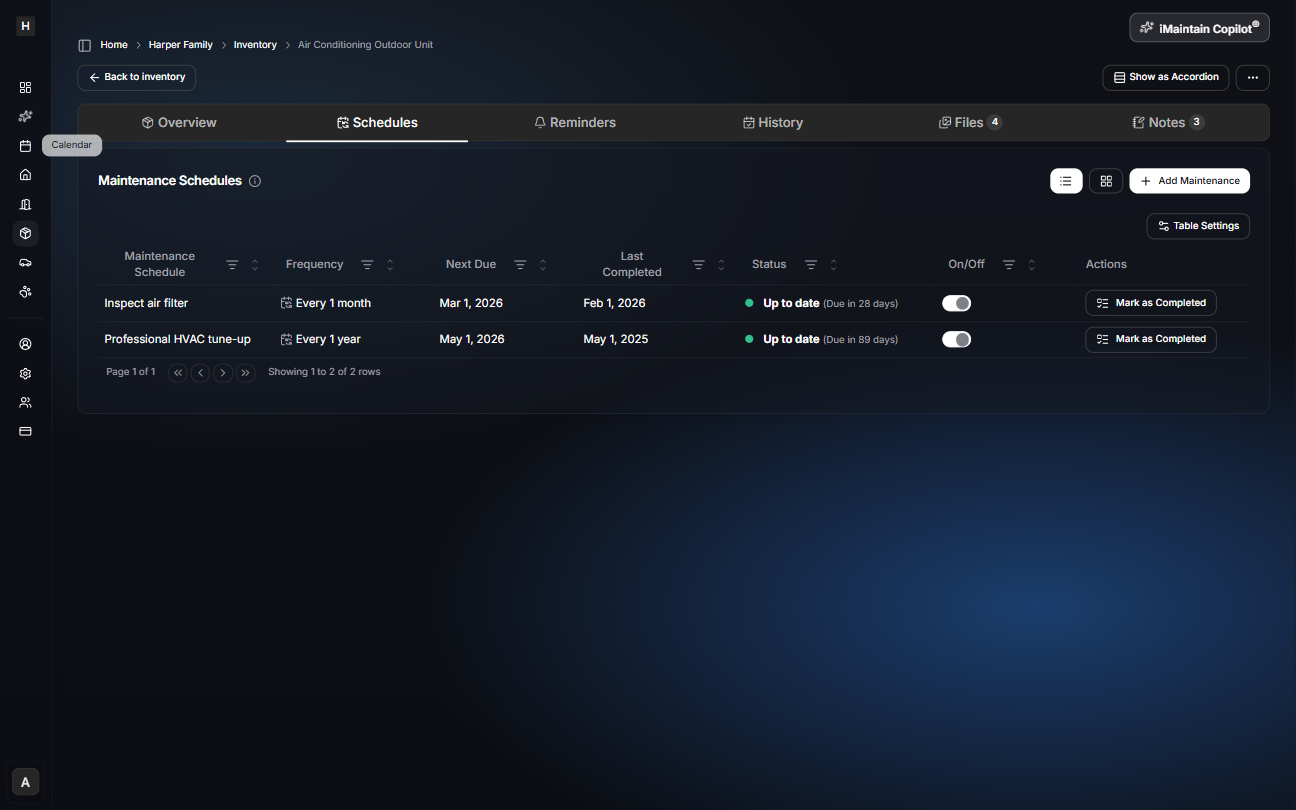Belonging detail page Schedules tab showing maintenance schedules with frequency, next due date, last completed date, status, and actions