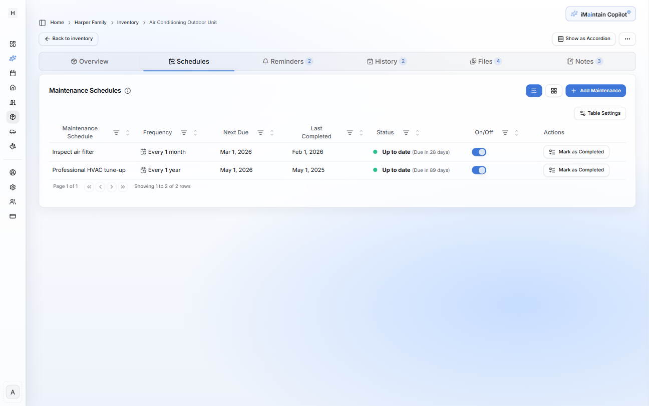 Belonging detail page Schedules tab showing maintenance schedules with frequency, next due date, last completed date, status, and actions