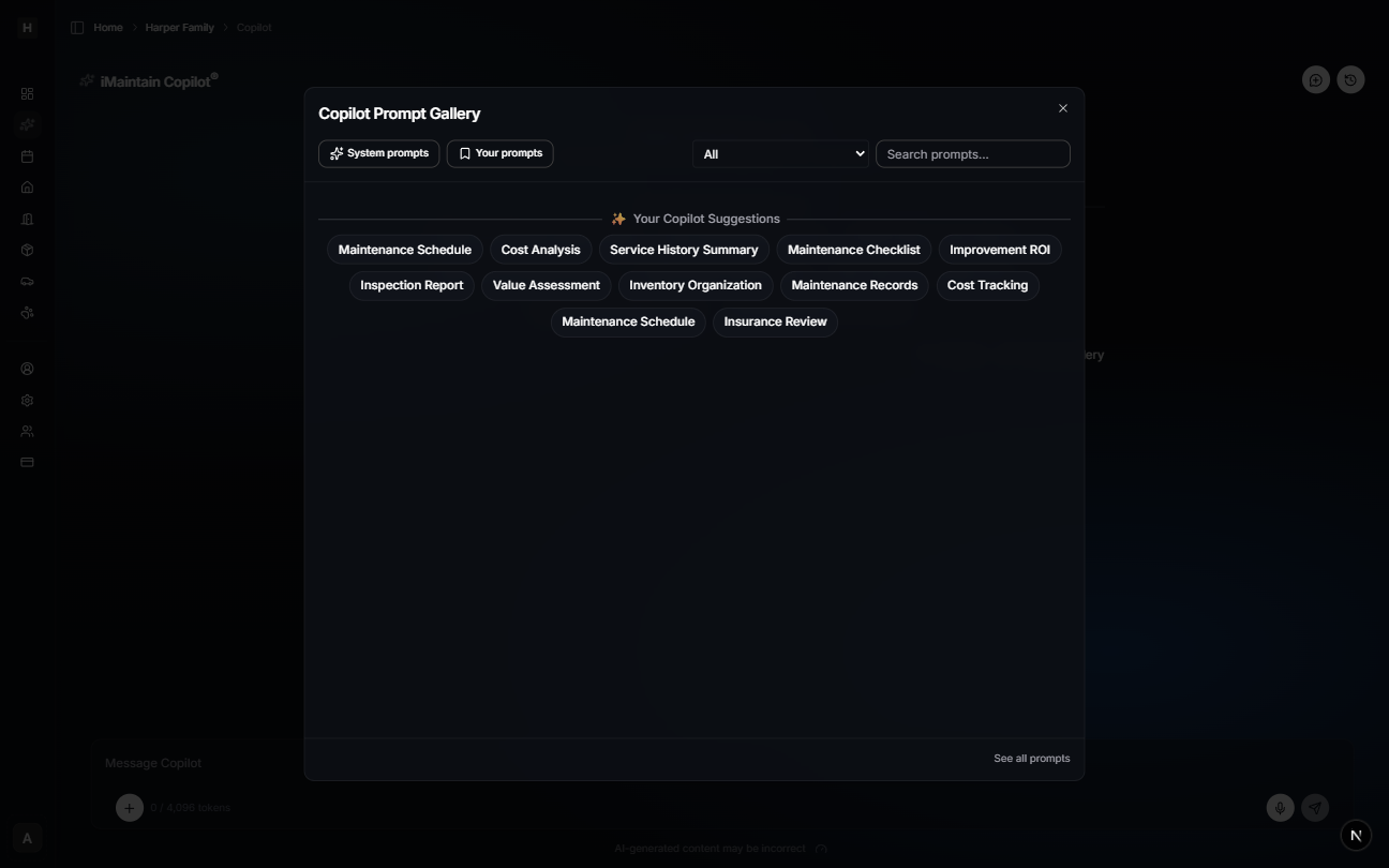 Copilot Prompt Gallery modal showing System prompts and Your prompts tabs with prompt chips like Maintenance Checklist and Service History Summary