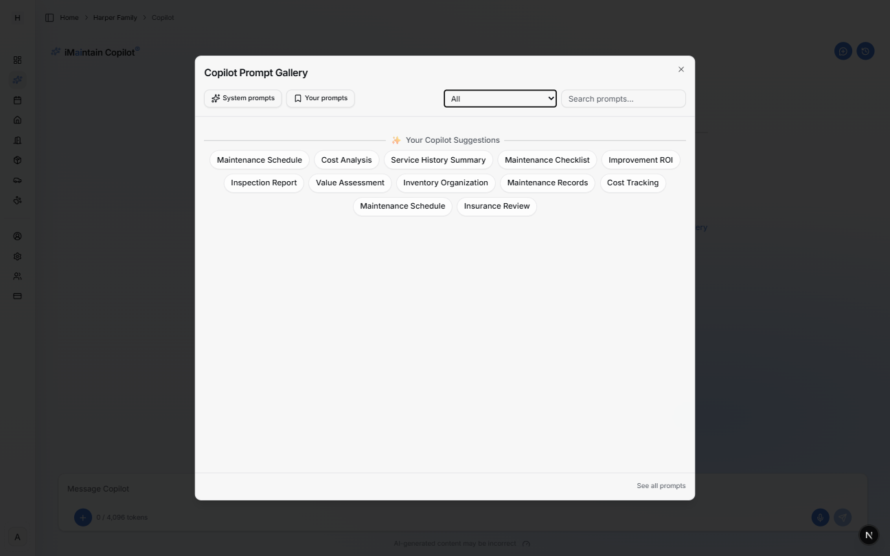 Copilot Prompt Gallery modal showing System prompts and Your prompts tabs with prompt chips like Maintenance Checklist and Service History Summary