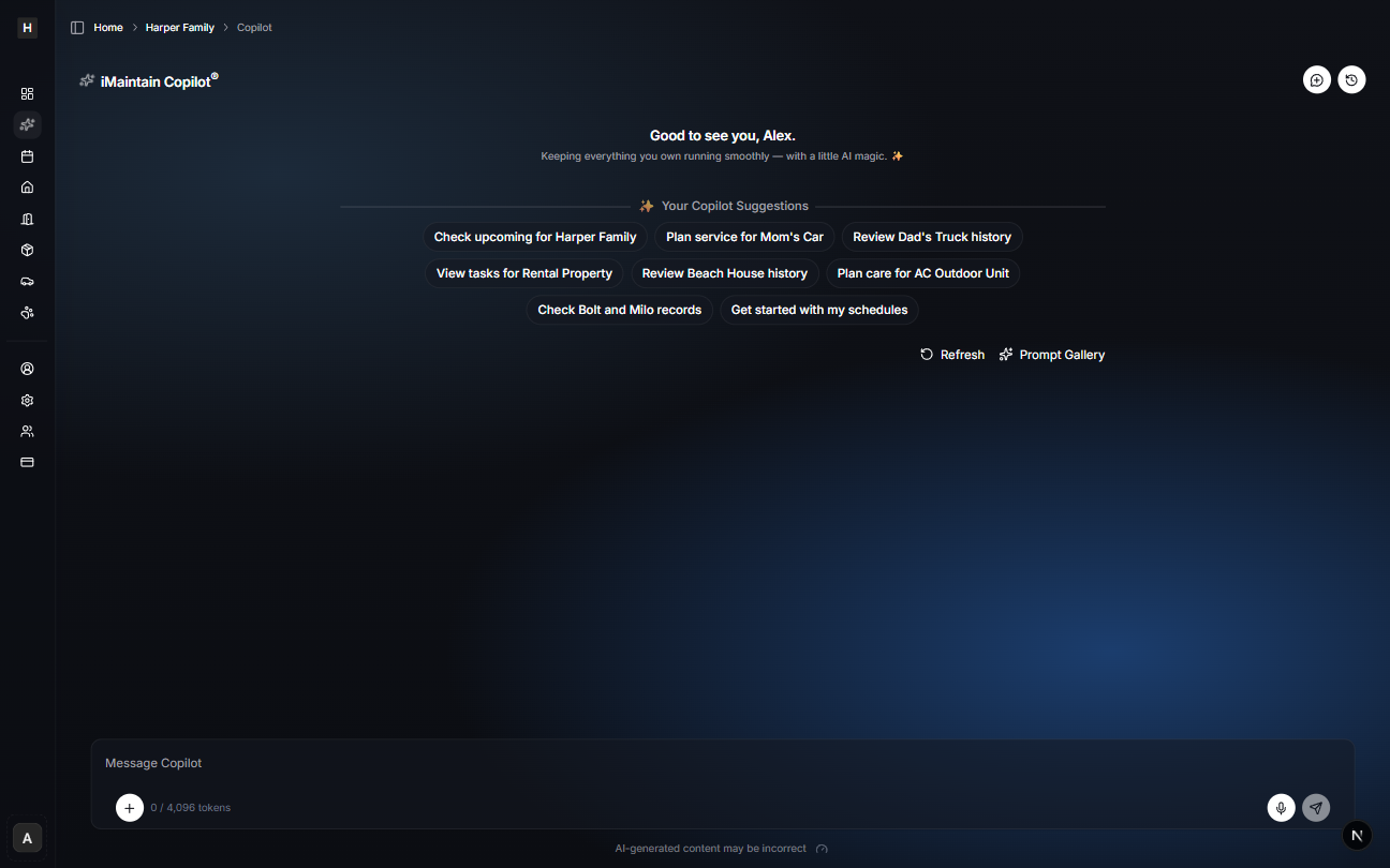 Copilot main page showing Your Copilot Suggestions prompt chips plus Refresh and Prompt Gallery links